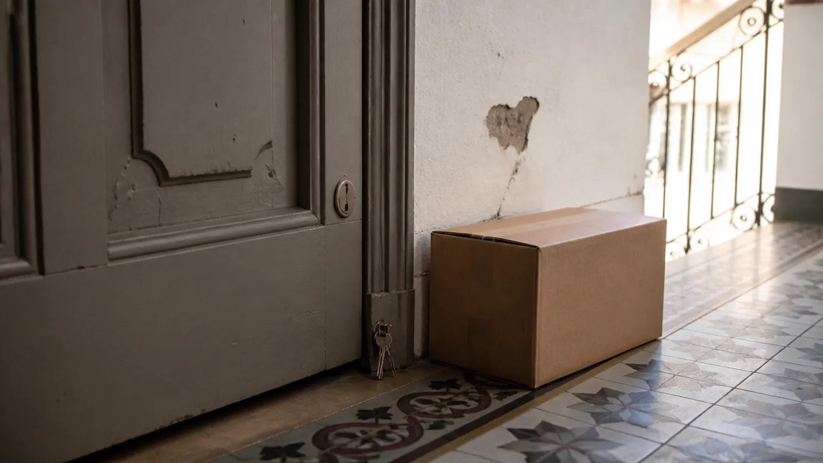 Puerta de vivienda en un rellano de Valencia con bombín y llaves junto a una caja de mudanza